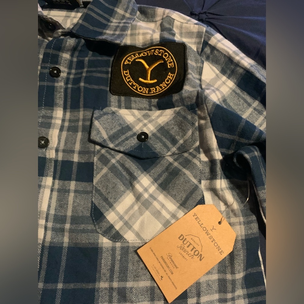 Yellowstone XS Blue and White plaid Button Down Dutton Ranch Embroidered Patch - Picture 2 of 7